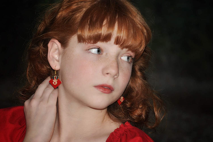 Gold-tone Red Enamel Reindeer Charm Dangle Earrings