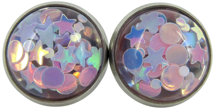 Stainless Steel Glitter Resin Globe Stud Earrings 12mm (Lilac)