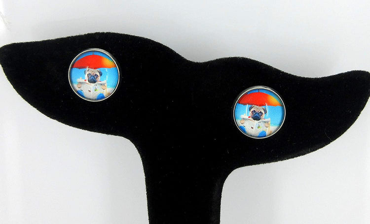 Stainless Steel Pug Dog on the Beach Print Glass Stud Earrings 12mm