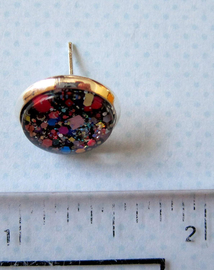 Silver-Tone Black and Multi-Color Confetti Glitter Glass Stud Earrings 1/2" Round