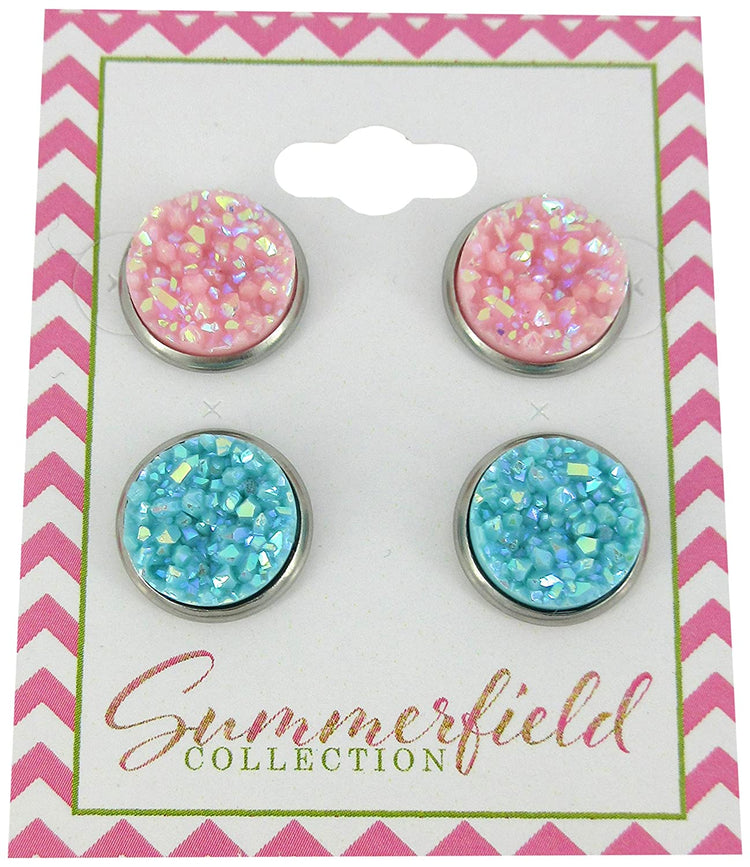 Duo Stud Earrings Stainless Steel Pink and Blue AB Faux Druzy Stone 12mm Set