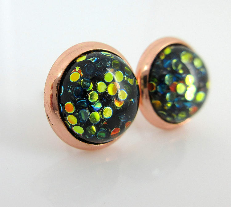 Rose Gold-tone Black and Green Iridescent Glitter Resin Stud Earrings 10mm