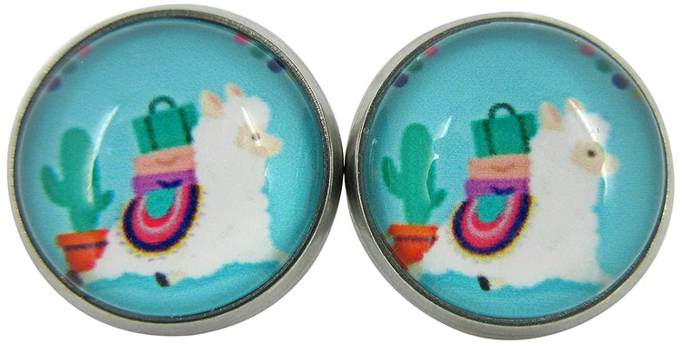 Stainless Steel Llama Print Glass Stud Earrings 12mm (Navy Blue)