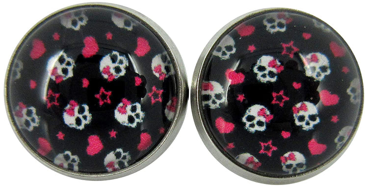 Stainless Steel Neon Pink Black White Skull Print Glass Stud Earrings 12mm