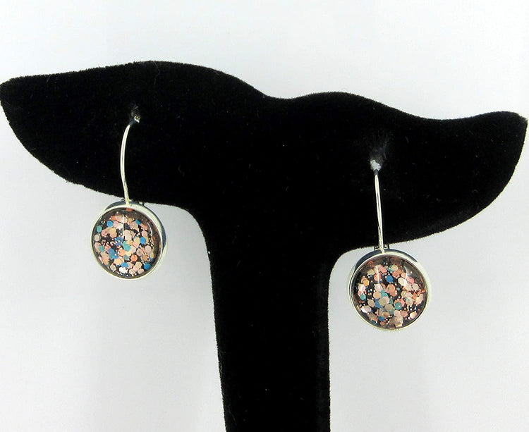Silver-tone Black and Multi-Color Confetti Glitter Glass Lever-back Drop Earrings Hand-painted