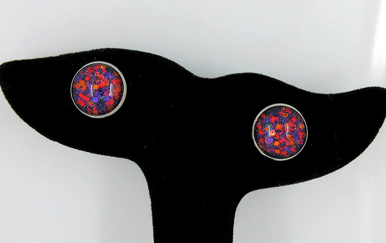 Stainless Steel Purple Orange Glitter Glass Stud Earrings Hand-painted 12mm