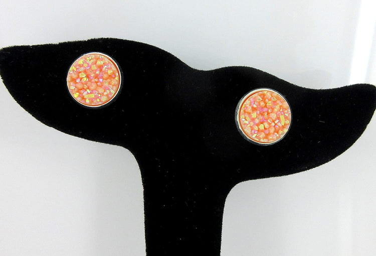 Peaches and Green Trio Silver-tone Stud Earrings 12mm Nude Coral AB Faux Druzy Stone Set