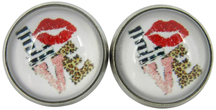 Stainless Steel Love Print Glass Stud Earrings 12mm White Animal Red Lips