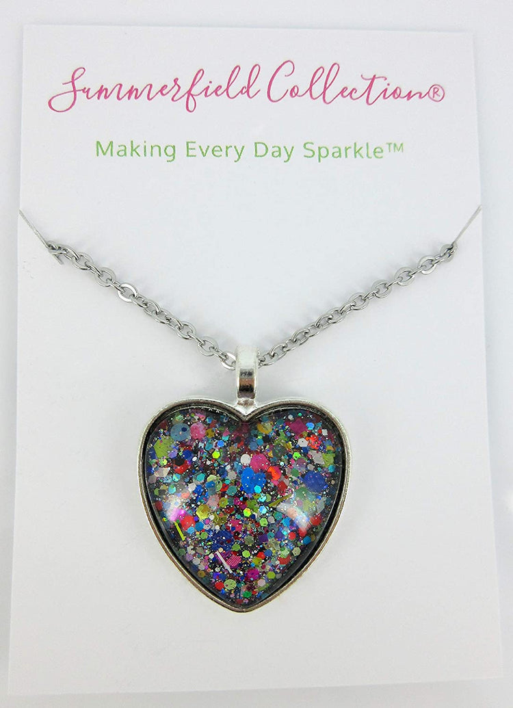 Silver-Tone Black and Multi-Color Confetti Glitter Glass Heart Pendant Necklace 20" Chain Stainless