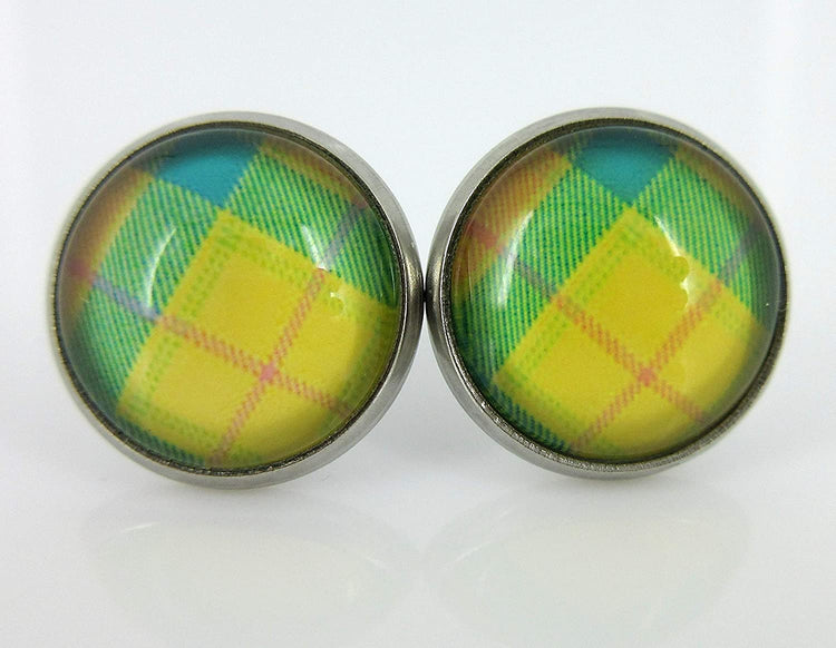Stainless Steel Duo Stud Earrings Plaid Print Glass 12mm Set