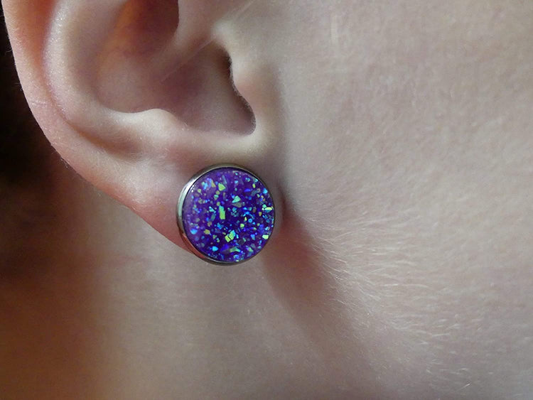 Hematite-tone Purple Faux Druzy Stone Stud Earrings 12mm