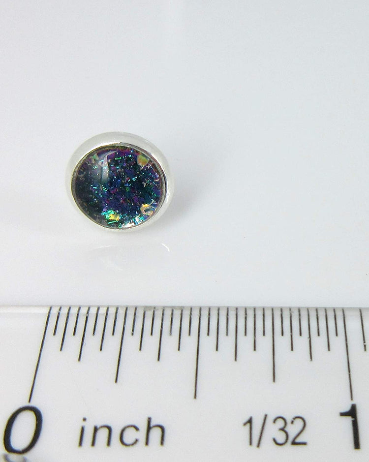 Silver-tone Aqua Blue and Purple Glitter Glass Stud Earrings Hand-painted 8mm