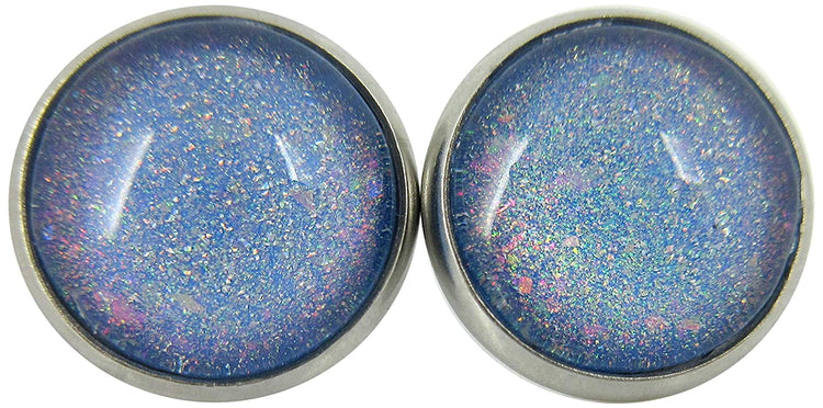 Stainless Steel Sky Blue and Rainbow Glitter Flake Glass Stud Earrings Hand-painted