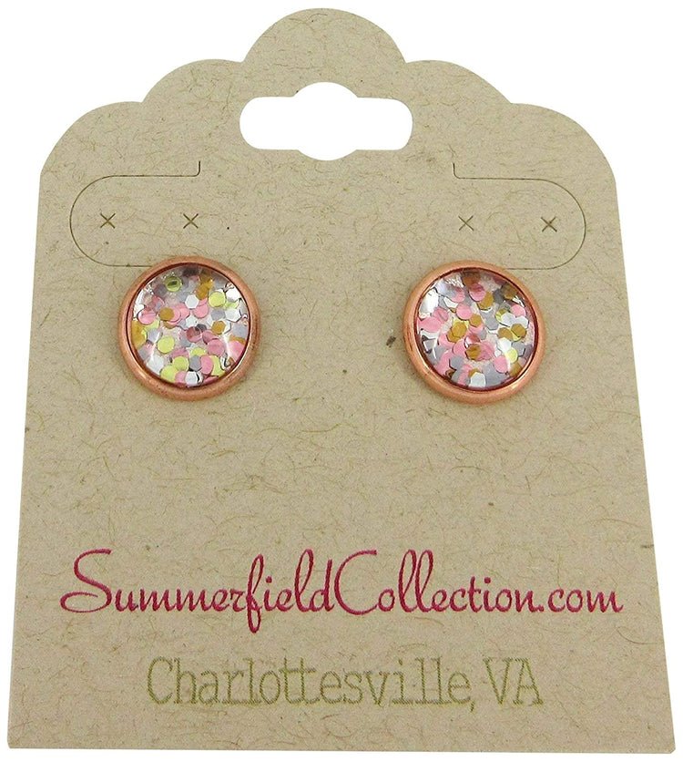Rose Gold-tone Pearly Silver and 5 Metal Glitter Glass Stud Earrings Hand-painted 10mm