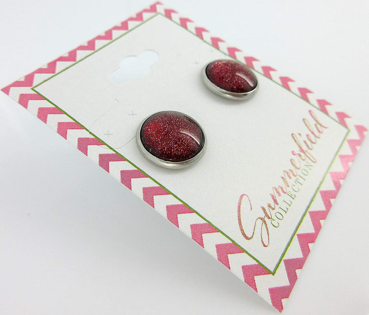 Stainless Steel Red with Gold Glitter Glass Stud Earrings Hand-painted 12mm