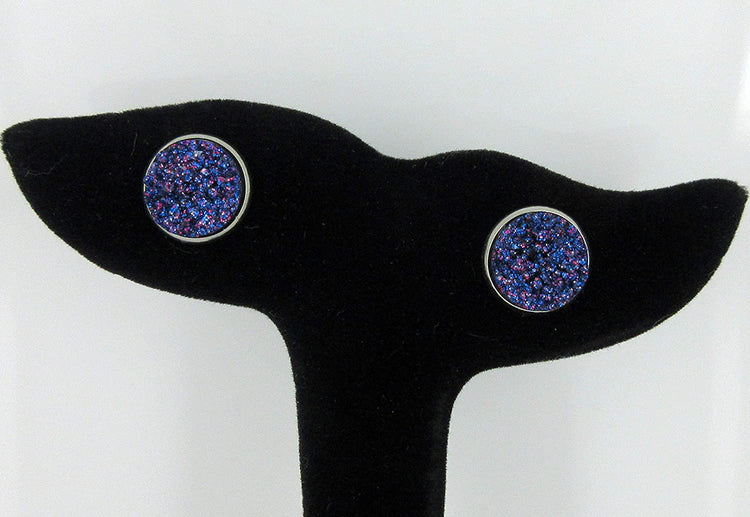 Stainless Steel Purple Silver and Blue Glitter Faux Druzy Stone Stud Trio Earrings Set