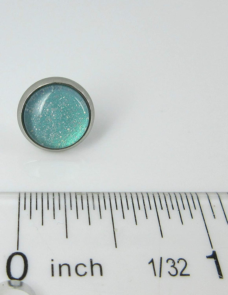 Stainless Steel Light Aqua Mint Glitter Glass Stud Earrings Hand-painted 10mm