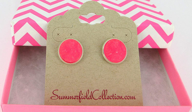 Silver-tone Neon Pink Faux Druzy Stone Stud Earrings 12mm