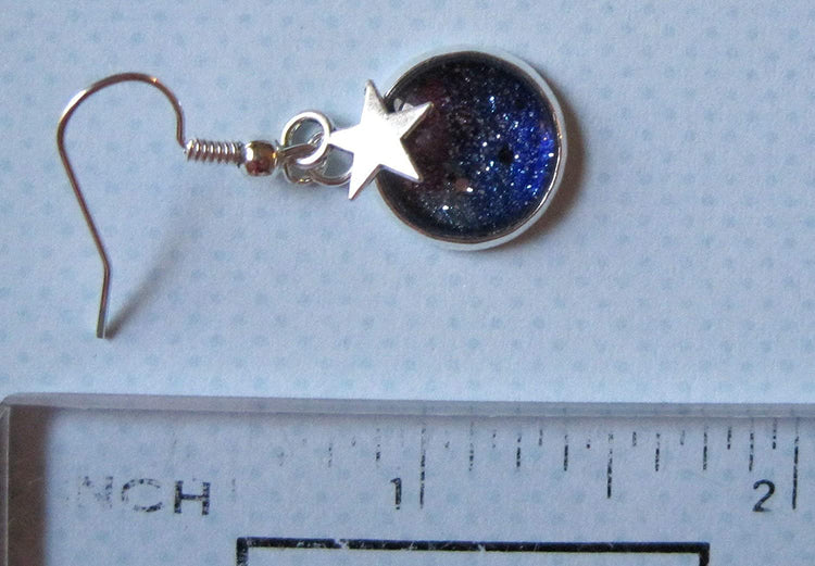 Silver-tone Glitter Glass Star Charm Galaxy Dangle Earrings Blue Purple Teal Hand-painted