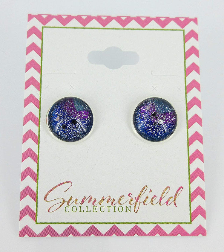 Silver-tone Glitter Glass Galaxy 12mm Stud Earrings Blue Purple Teal