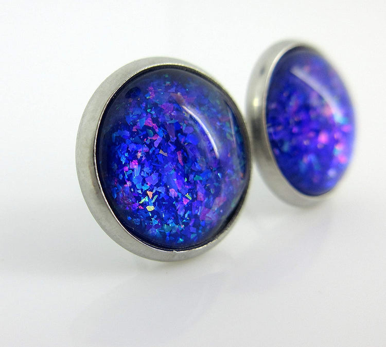 Stainless Steel Purple and Blue Holographic Glitter Glass Stud Earrings Hand-painted 12mm