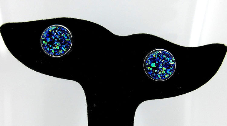 Silver-tone Blue Faux Druzy Stone Stud Earrings 12mm