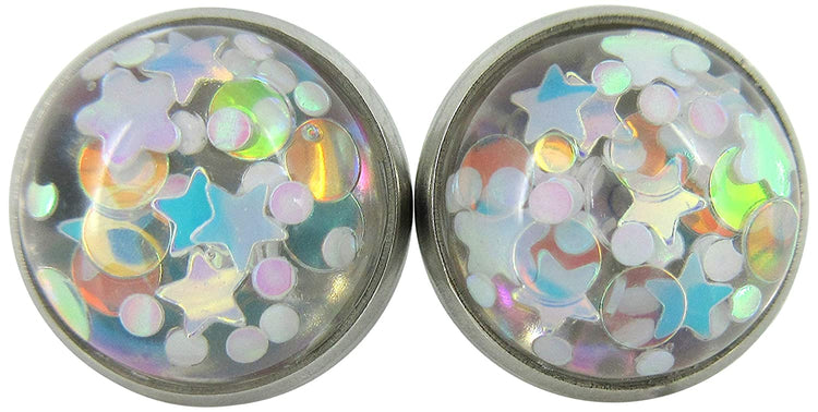 Stainless Steel Glitter Resin Globe Stud Earrings 12mm (Lilac)