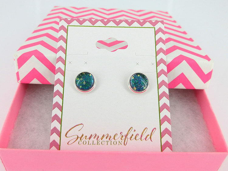 Silver-tone Aqua Blue and Purple Glitter Glass Stud Earrings Hand-painted 8mm