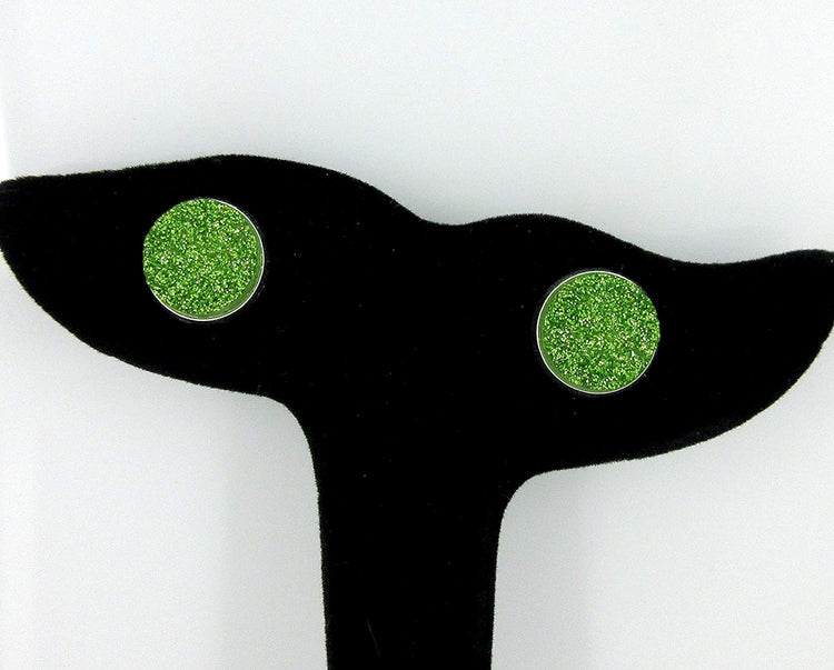 Silver-tone Spring Green Glitter Faux Druzy Stone Stud Earrings 12mm