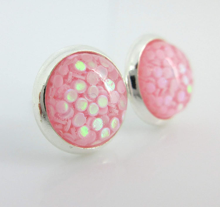Shiny Silver-tone Iridescent Glitter Resin Stud Earrings 10mm