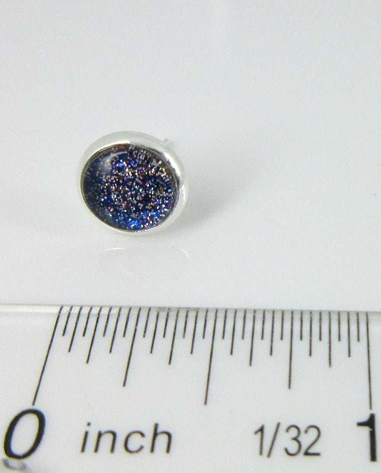 Silver-tone Royal Blue and Holographic Glitter Glass Stud Earrings Hand-painted 8mm