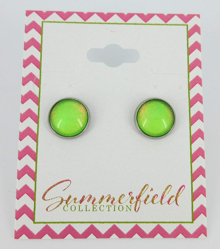 Stainless Steel Neon Green Colorshifting Glitter Glass Stud Earrings Hand-painted 10mm