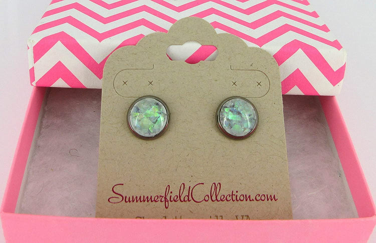 Hematite-tone Gray and Opalescent Leaf Resin Stud Earrings 10mm