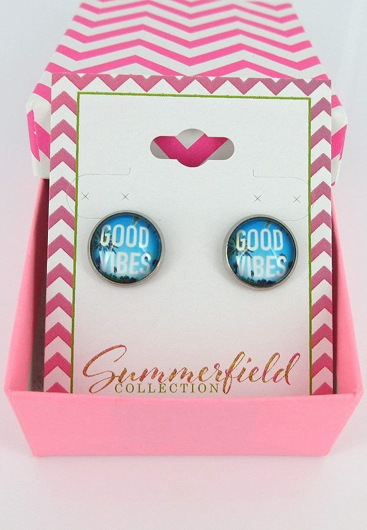 Stainless Steel Good Vibes Print Glass Stud Earrings 12mm