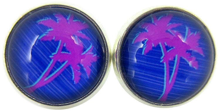 Silver-tone Blue and Pink Palm Tree Print Glass Stud Earrings 12mm