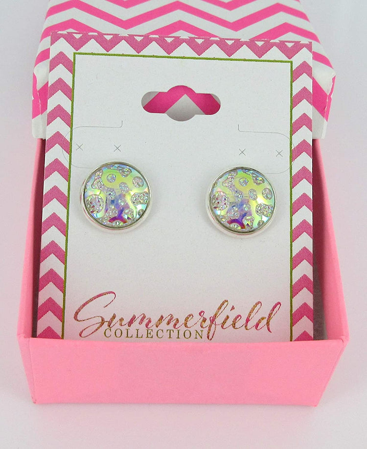 Silver-tone Clear AB Frosted Metallic Rainbow Stud Earrings 12mm