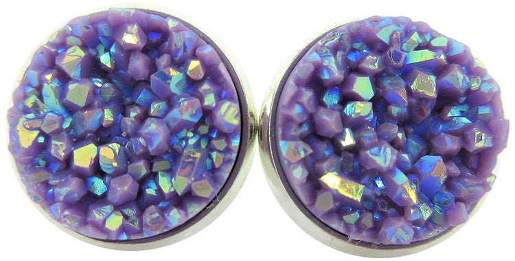 Silver-tone Lavender Purple AB Faux Druzy Stone Stud Earrings 12mm