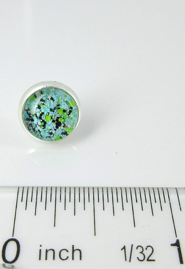 Silver-tone Blue Black Green White Glitter Glass Stud Earrings Hand-painted 10mm