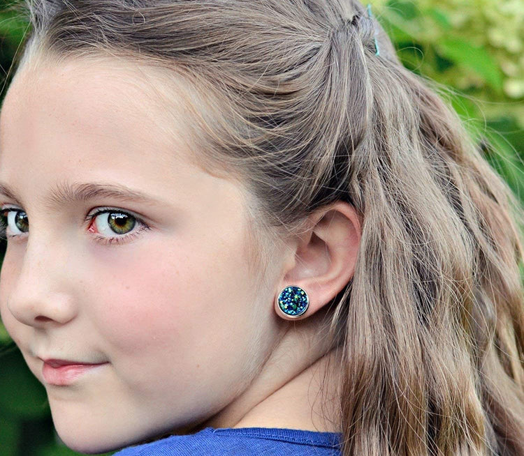 Silver-tone Blue Faux Druzy Stone Stud Earrings 12mm