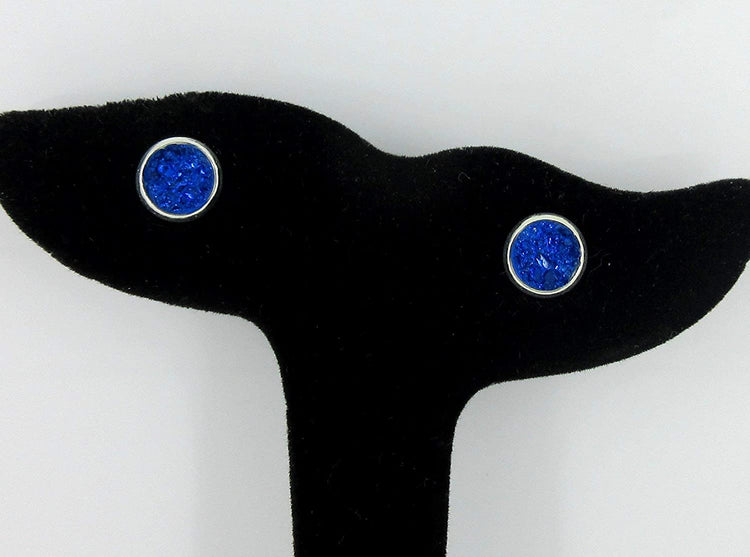 Silver-tone Royal Blue Faux Druzy Stone Stud Earrings 8mm