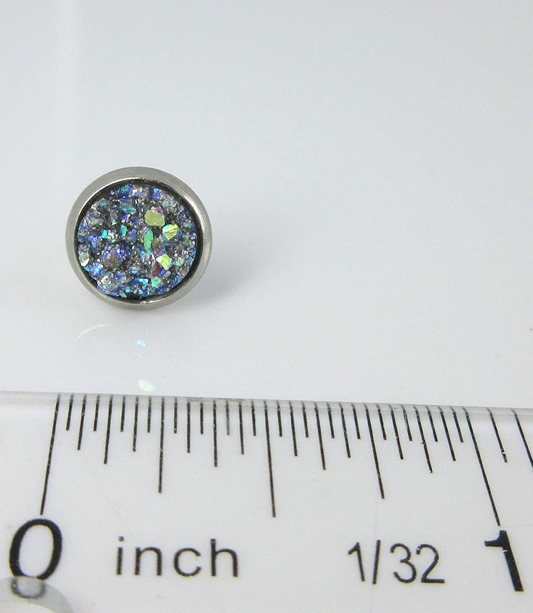 Stainless Steel Frost Blue Gray AB Glitter Faux Druzy Stone Stud Earrings 8mm