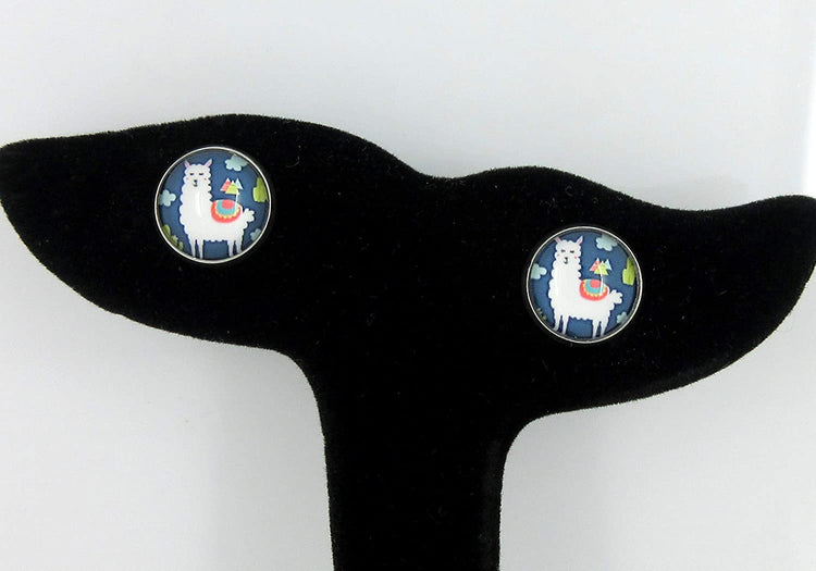 Stainless Steel Llama Print Glass Stud Earrings 12mm (Navy Blue)