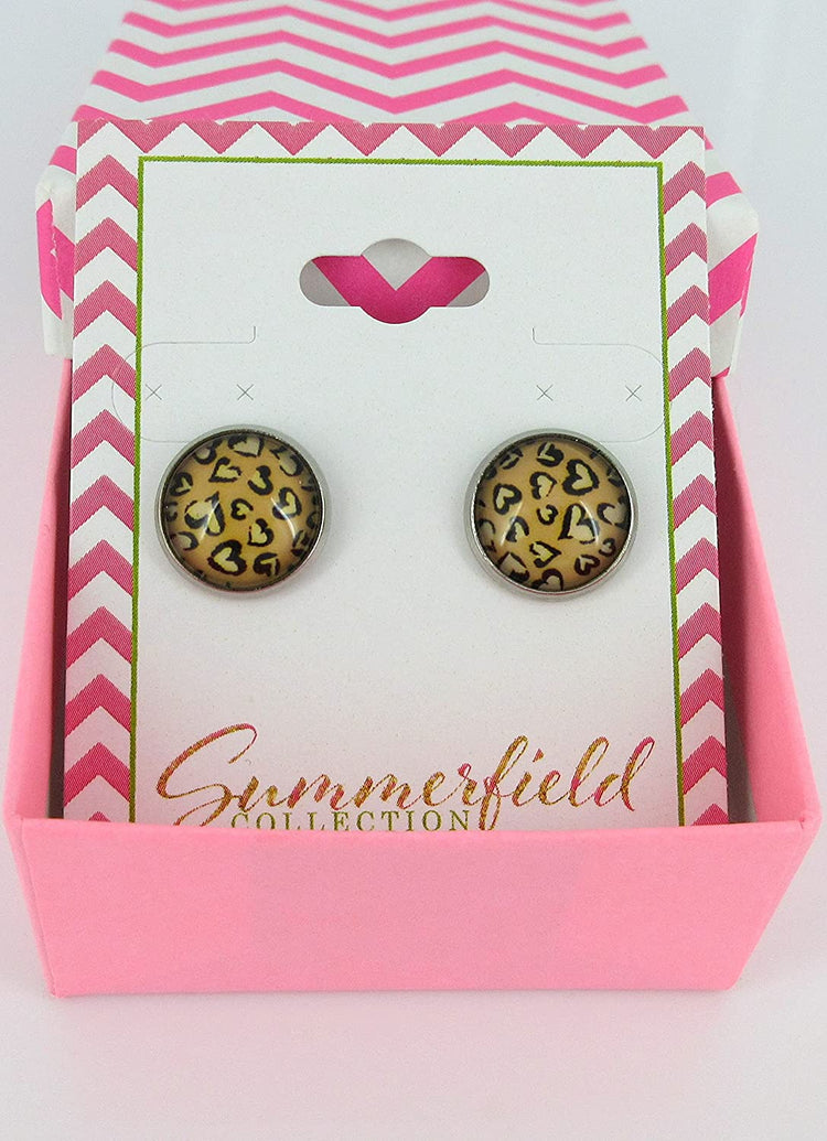 Stainless Steel Heart Cheetah Animal Print Glass Stud Earrings 12mm Black Brown