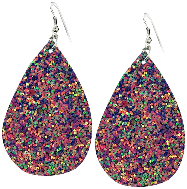 Silver-tone Glitter Faux Leather Large Teardrop Dangle Earrings