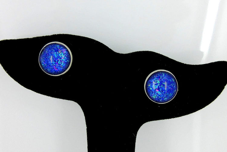 Stainless Steel Purple and Blue Holographic Glitter Glass Stud Earrings Hand-painted 12mm
