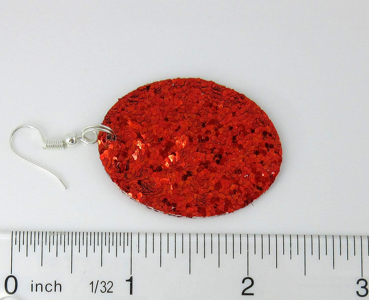 Red Glitter Faux Leather Oval Dangle Earrings