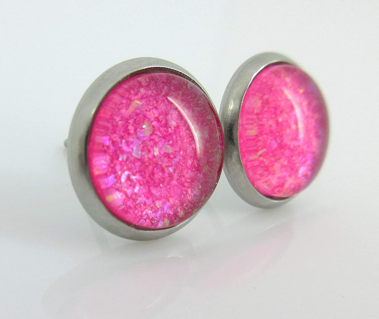 Stainless Steel Hot Pink and Iridescent Glitter Glass Stud Earrings Hand-painted 10mm