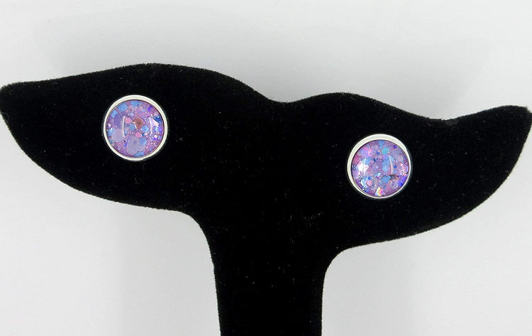 Silver-tone Purple Unicorn Mix Glitter Glass Stud Earrings Hand-painted 10mm