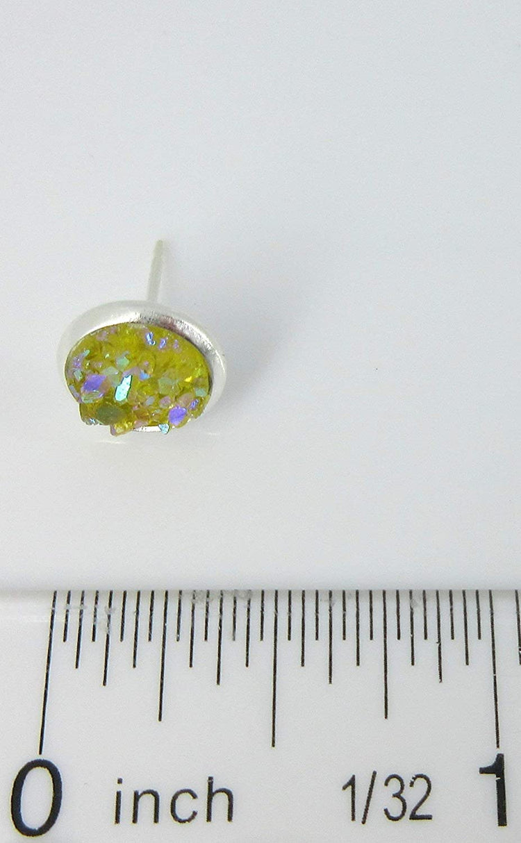 Silver-tone Yellow AB Faux Druzy Stone Stud Earrings 8mm