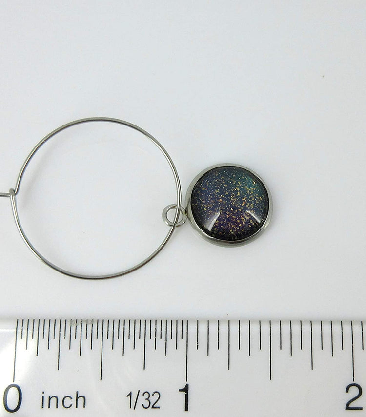 Stainless Steel Blue Purple Gray Glitter Glass Charm Hoop Earrings Hand-painted 1"